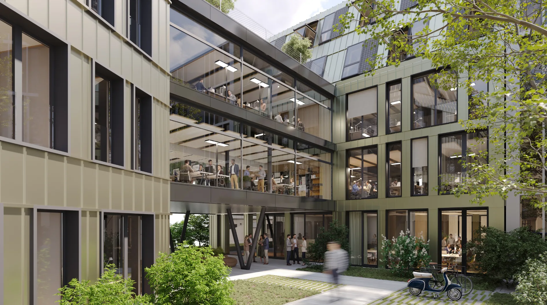 Die Verbindungsbrücke zwischen Vorderhaus und Gartenhaus über dem begrünten Innenhof