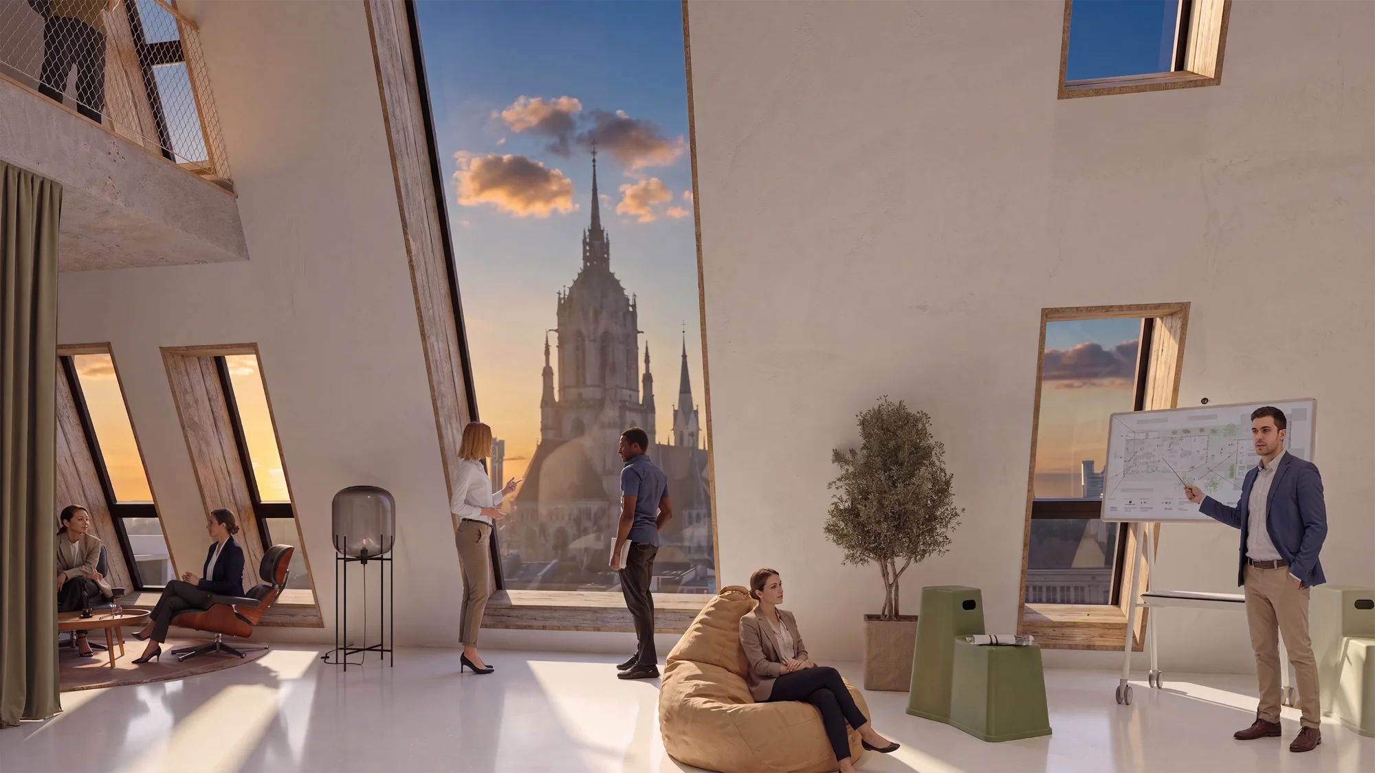 Zweigeschossiger Raum im ALTERA Urban Office mit Blick zur Paulskirche