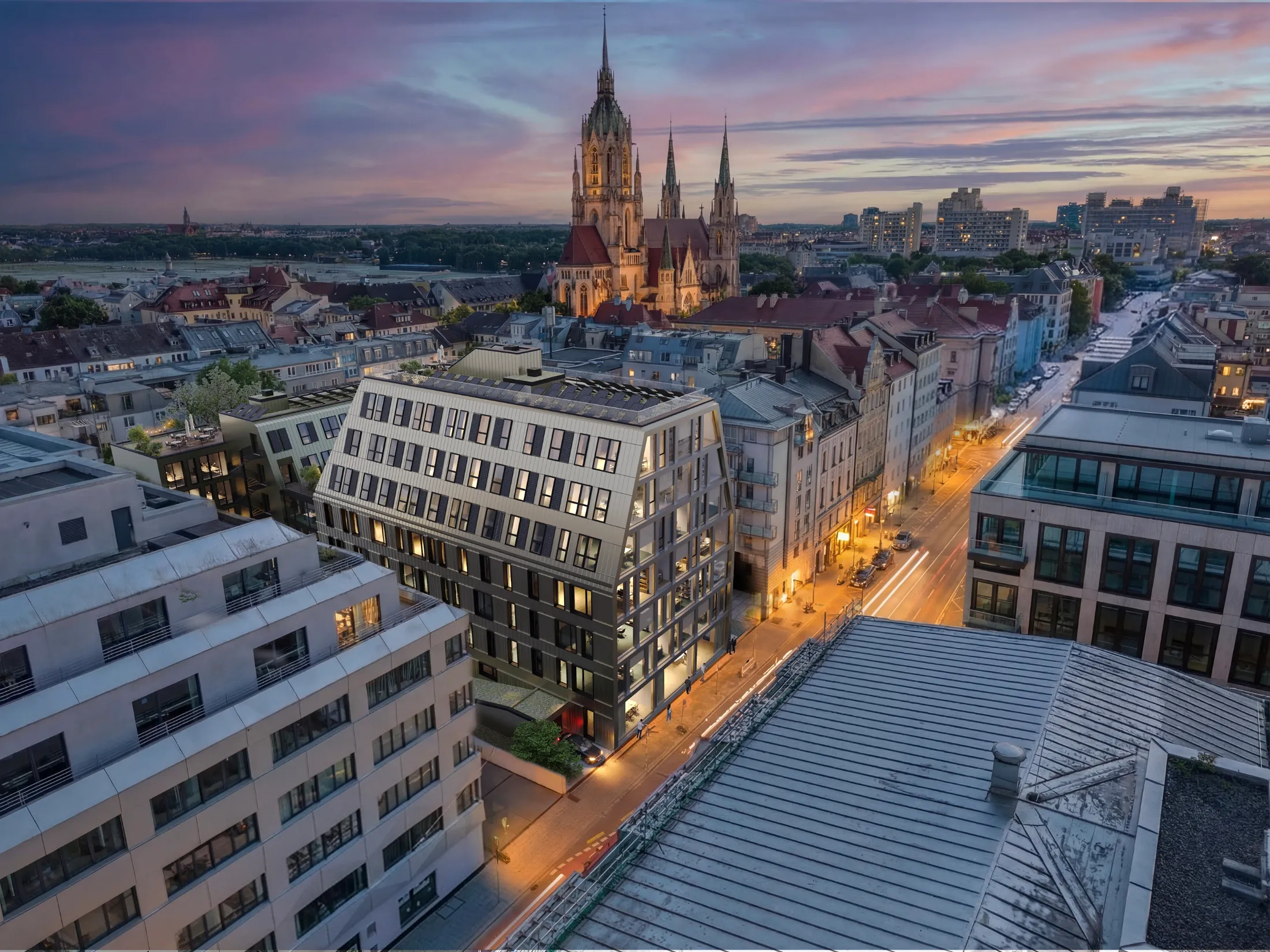 ALTERA Urban Office in der Abenddämmerung über den Dächern Münchens